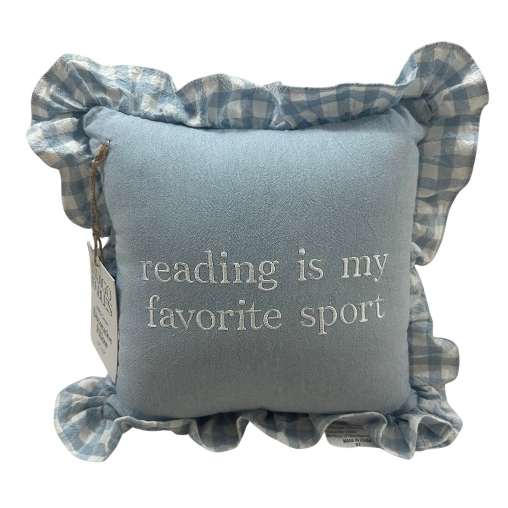 Indigo Fables Reading Is My Favorite Sport Blue Gingham Ruffle Pillow 12x12 NWT